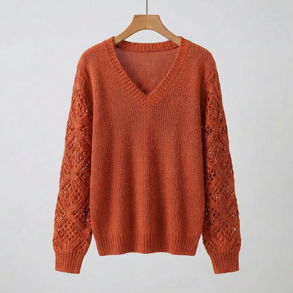 Women's Fine Knit Sweater with V-Neck and Long Sleeves