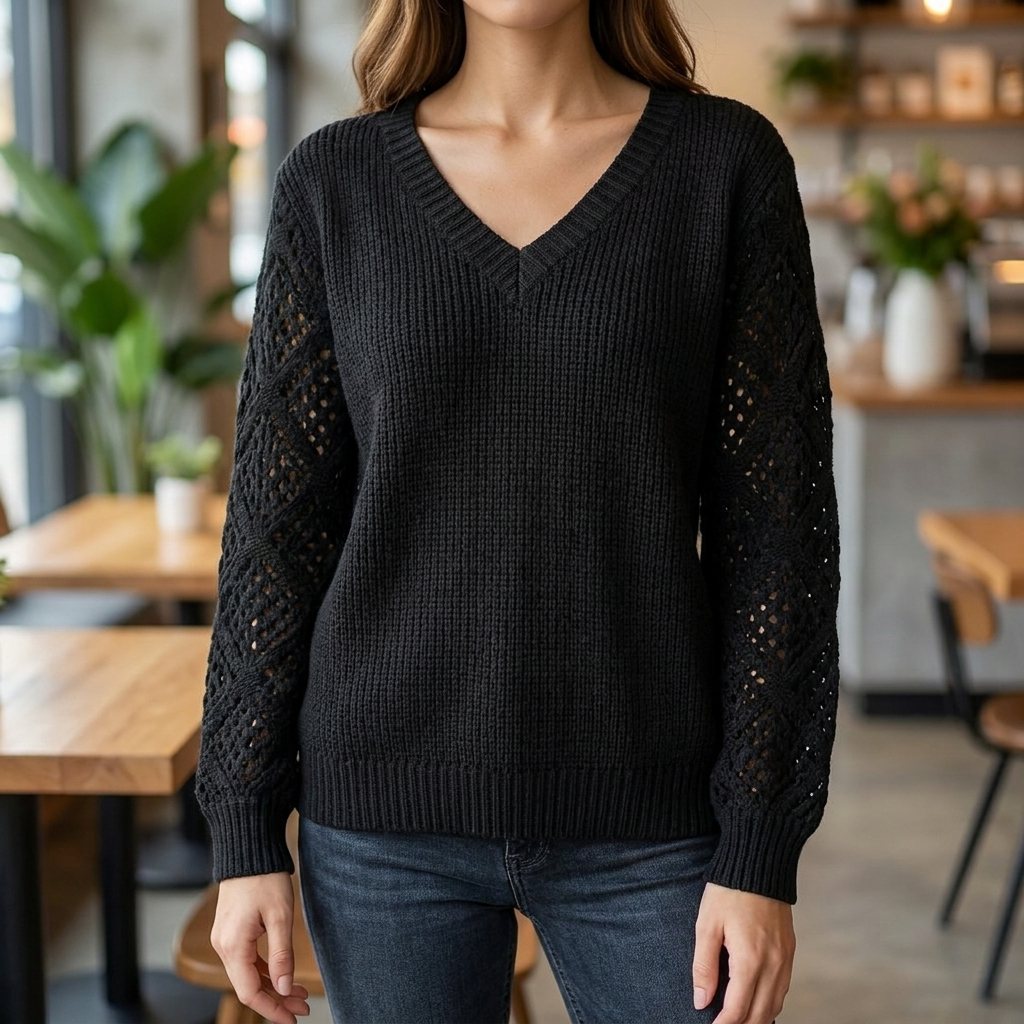 Women's Fine Knit Sweater with V-Neck and Long Sleeves