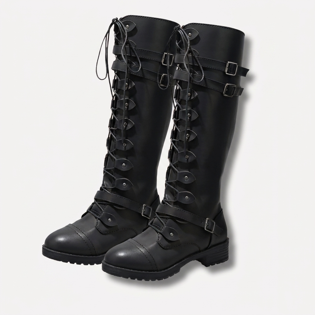Retro Lace-Up Boots with Buckle for Women
