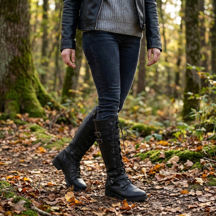 Retro Lace-Up Boots with Buckle for Women