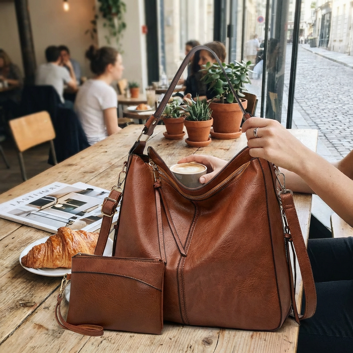 Classic Leather Shoulder Bag Sleek Gold Details