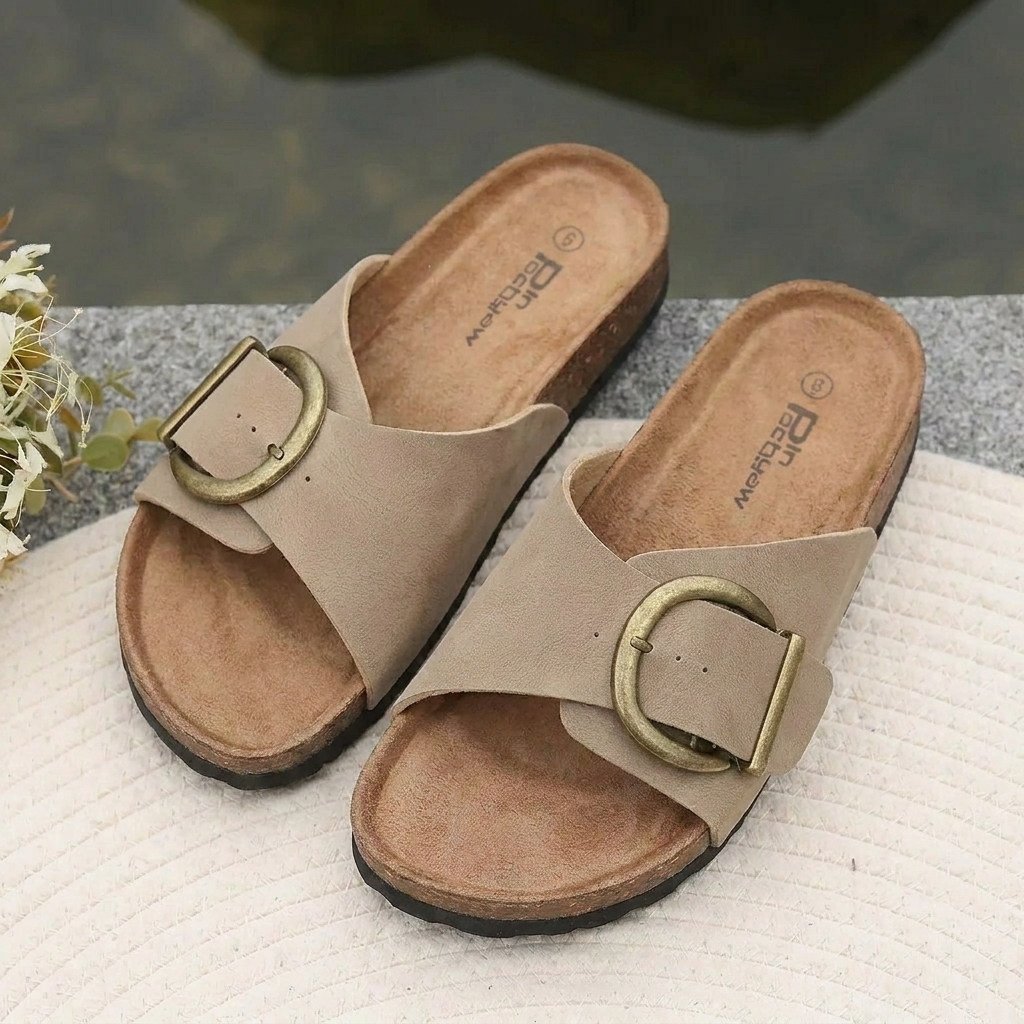 Open-Toe Slide Sandal With Buckle Detail