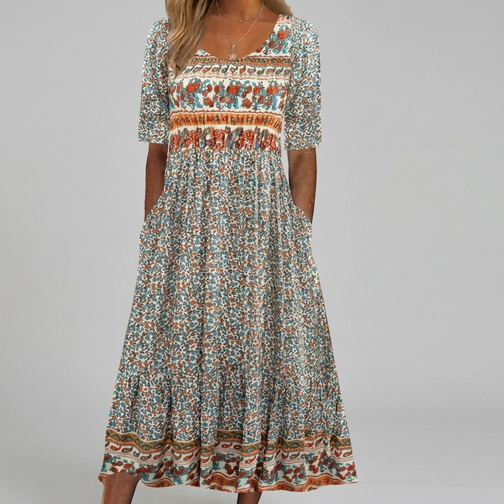 Boho Printed Square Neck Midi Dress