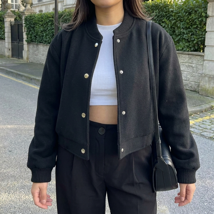 Cropped Button-Front Bomber Jacket