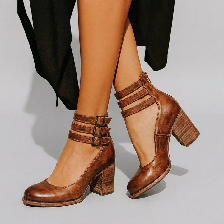 Closed-Toe Buckle Strap Block Heels