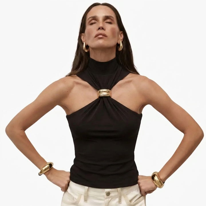 Chic High Neck Halter Top with Gold Accent