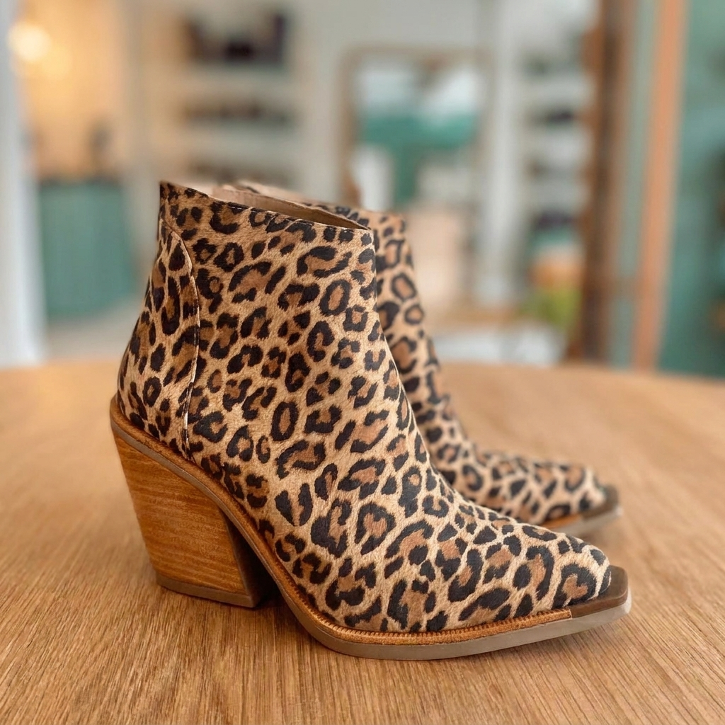 Panther-Print Block Heel Ankle Boots