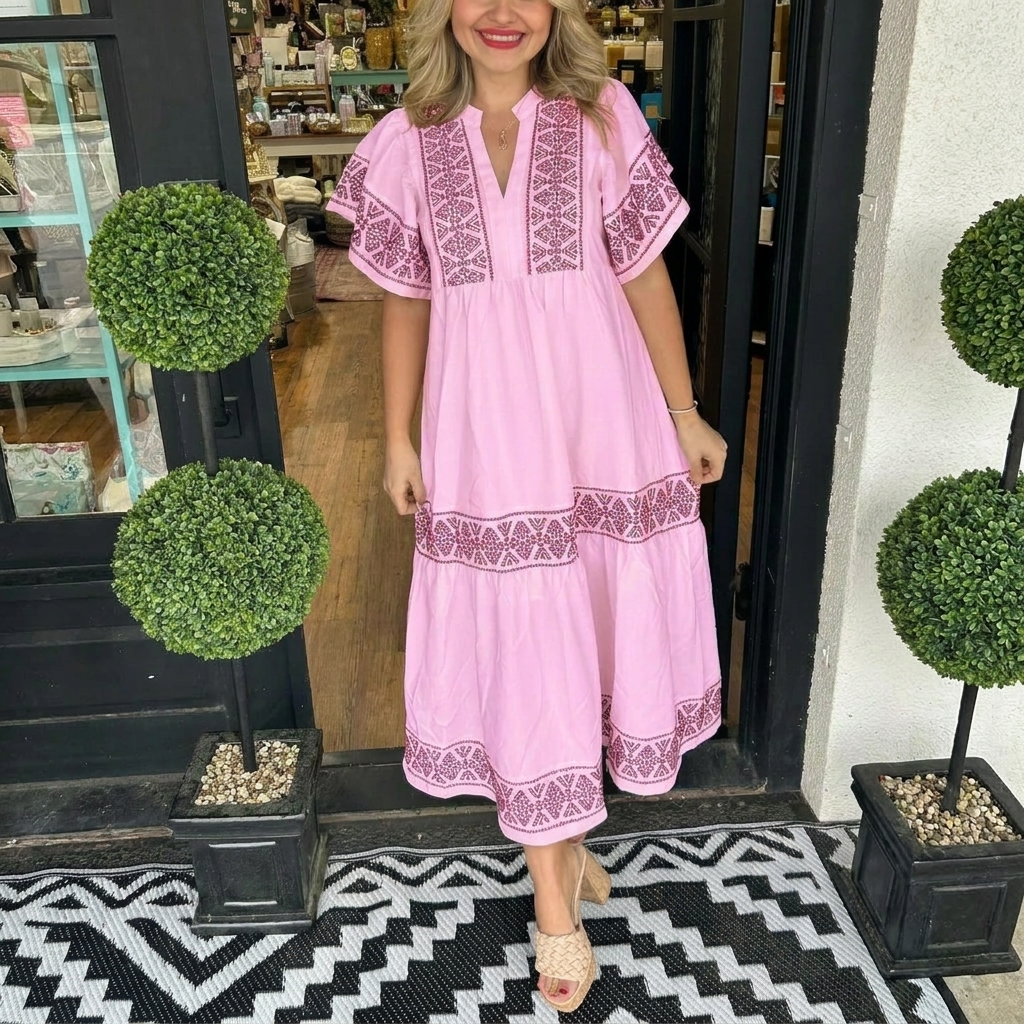 Breezy V-Neck Boho Midi Dress