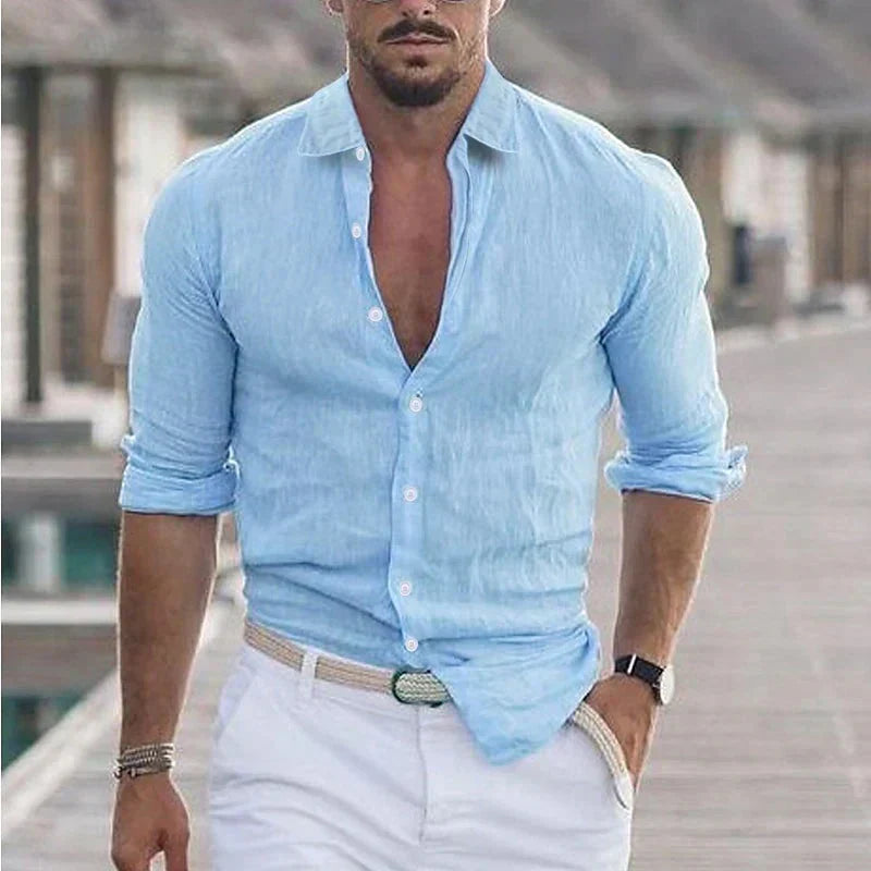 Linen Men's Shirt with Turn-Down Collar