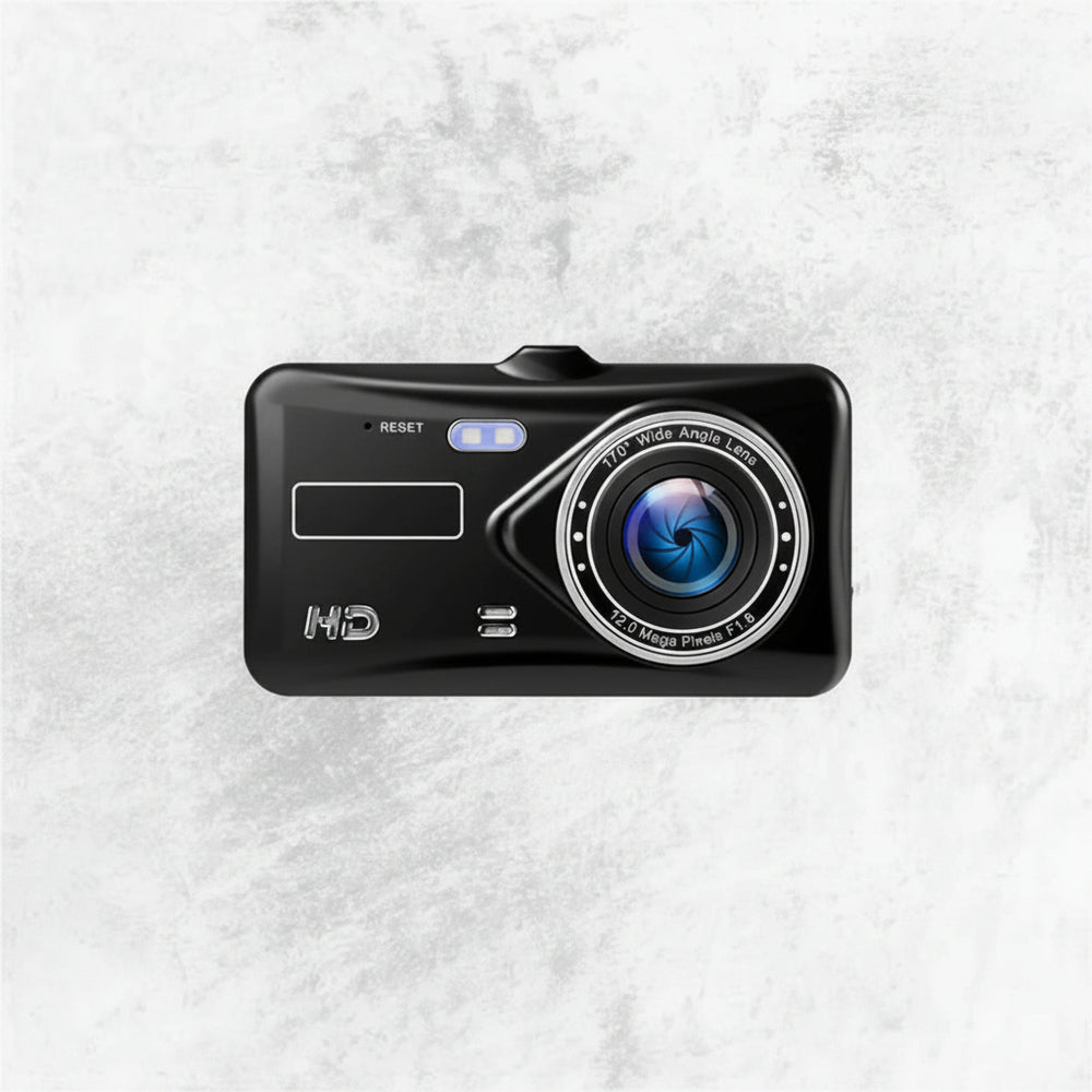 "Wireless dual dash camera, night vision, 170° angle, HD 1080p, front and rear lenses, LCD screen, sleek black design."