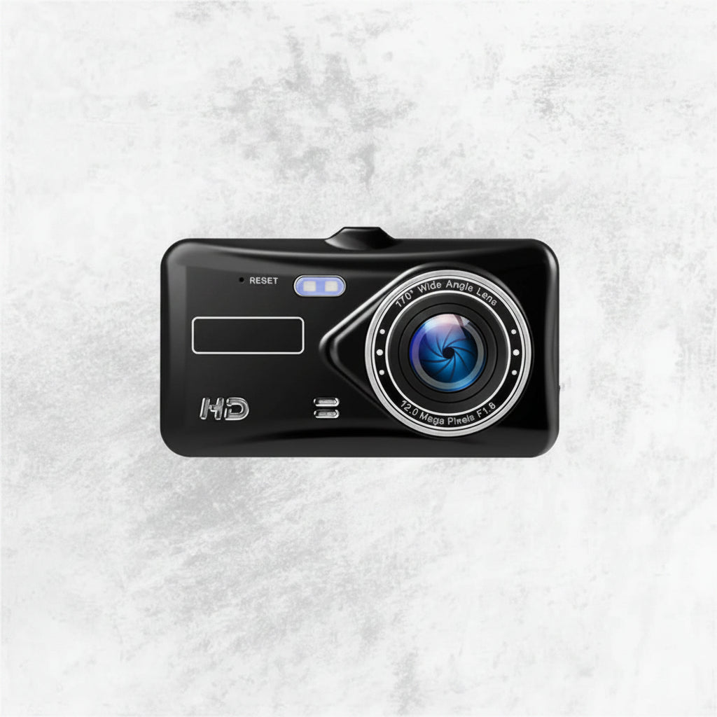 "Wireless dual dash camera, night vision, 170° angle, HD 1080p, front and rear lenses, LCD screen, sleek black design."